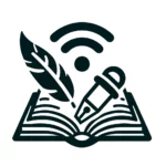 Technical Content Writer, depicting a feather pen over an open book with a Wi-Fi symbol above, all set against a